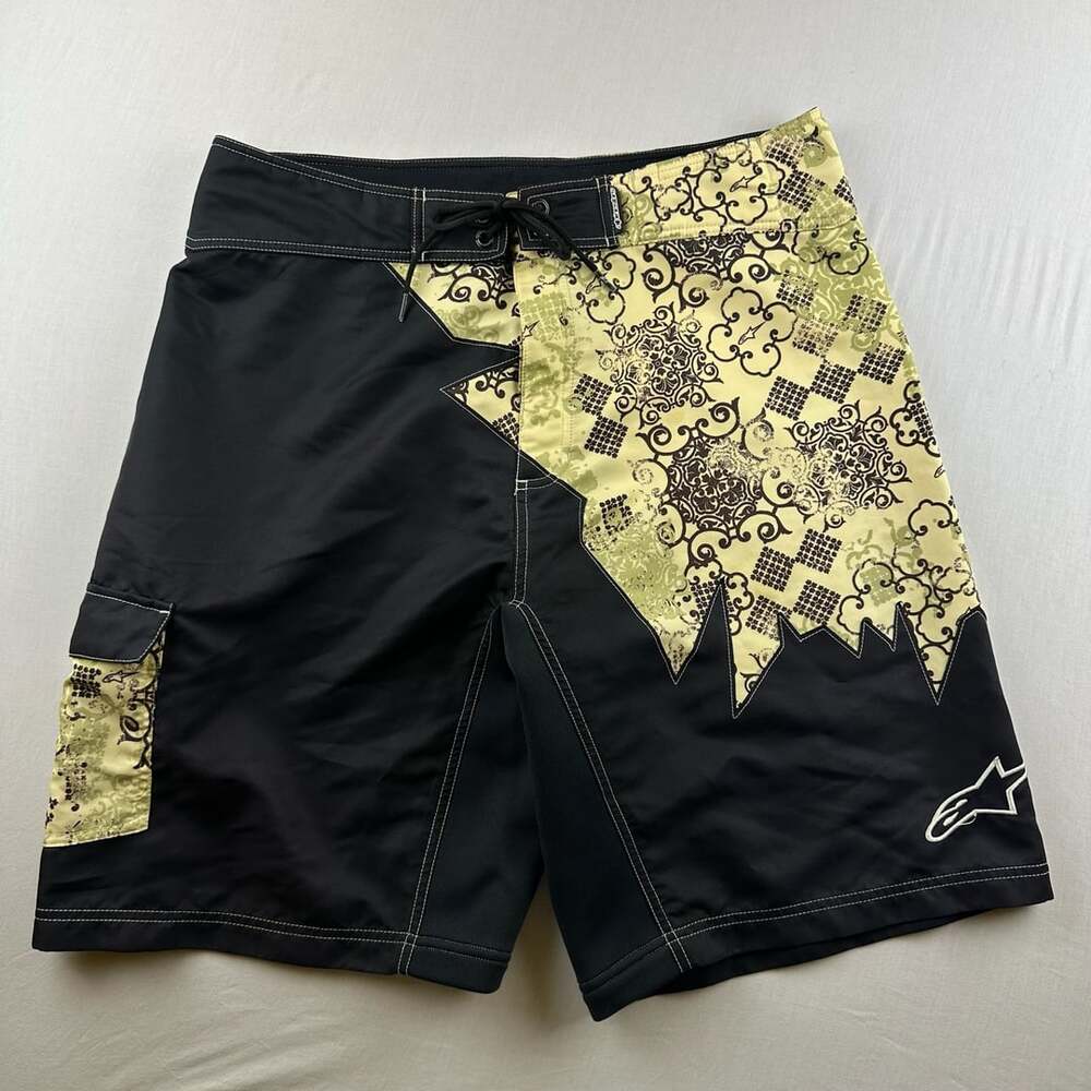Alpinestars Board Shorts Size 34 Black Yellow Graphic Swim Trunks